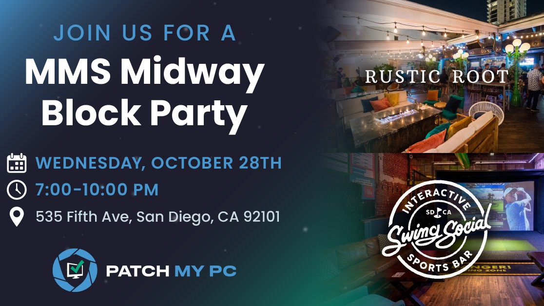 PatchMyPC's tweet photo. The #MMSMidway conversations don't have to end when sessions do! 🙌

Join us at Rustic Root + Swing Social for rooftop hangs, friendly competition, and time with the #ITCommunity. @mmsmoa 

Registration required! Save your spot 👉 https://t.co/q0wraGhCKK

#MMSMOA #PatchMyPC https://t.co/AVby4eHdR0
