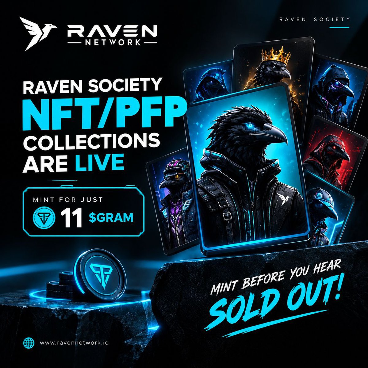 M_halidu_audu's tweet photo. Raven Society NFT/PFP collections are LIVE! 

The wait is over! The Raven Society PFP collection is now live, giving you the opportunity to own your piece of the Raven Network ecosystem.

For just 11 $GRAM, you can mint your Raven Society PFP and represent the community as it continues to grow.

 WHY MINT YOUR RAVEN PFP?

 Show Your Identity: Represent Raven Network with a PFP that reflects your place in the community.

 Join the Ecosystem: Become part of the growing Raven Society movement.

 Own Your PFP: Get your Raven Society NFT and make it part of your digital identity.

 Your Next PFP Could Be Waiting for You!

Every collection has a beginning, and this is your chance to explore Raven Society while the mint is live.

Don't just watch the community grow from the sidelines. Be part of the journey.

 Mint yours for 11 $GRAM.

 Join the Raven Society. Rep Raven. Be part of the movement.

Mint now. Rep Raven.