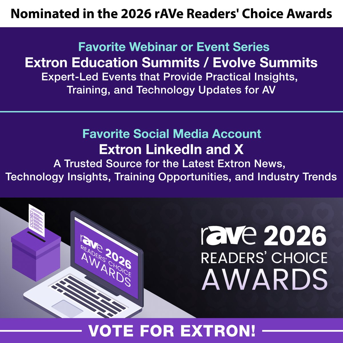 Extron's tweet photo. Voting is open for the 2026 rAVe Readers’ Choice Awards, and Extron needs your support to bring home the win! https://t.co/rTTAwdlm6P

These awards are decided entirely by industry professionals like you, and we’re honored to be recognized across multiple categories.

This year, Extron is in the running for:

☑️ Favorite Collaboration Product: Extron UCS 504 - USB-C collaboration and presentation switching solution that simplifies meeting room connectivity and content sharing.
☑️ Favorite Control System: Extron TLP Pro 35 Series - Large-format TouchLink® Pro touchpanels for intuitive AV system control and room management.
☑️ Favorite AV-over-IP Solution: Extron NAV 121 Series - High-performance AV over IP platform delivering visually lossless video with ultra-low latency.
☑️ Favorite Connectivity & Signal Distribution Product: Extron DTP3 CrossPoint 42 USB - All-in-one presentation matrix switcher combining signal distribution, USB extension, and system control.
☑️ Favorite Control Brand: Extron - Intelligent AV control solutions that streamline operation and management of connected spaces.
☑️ Favorite AV-over-IP Brand: Extron - Trusted AV over IP technologies designed for scalable, enterprise-wide deployment.
☑️ Favorite Connectivity Brand: Extron - Comprehensive portfolio of switching, extension, and signal distribution solutions for professional AV.
☑️ Favorite Manufacturer: Extron - Delivering innovative AV technologies, expert support, and long-term reliability for professional environments.
☑️ Favorite Technical Support Team: Extron S3 Technical Support - Industry-leading Service, Support, and Solutions that help customers succeed at every stage of a project.
☑️ Favorite Webinar or Event Series: Extron Education Summits / Evolve Summits - Expert-led events that provide practical insights, training, and technology updates for AV professionals.
☑️ Favorite Social Media Account: Extron LinkedIn and X - A trusted source for the latest Extron news, technology insights, training opportunities, and industry trends.

Voting is quick and easy. Visit the link, find Extron in each category, and cast your vote.

Reader voting ends October 16, 2026, and every vote counts.

We truly appreciate your continued support!

@rAVePubs
#ExtronAwards #AVTweeps #ProAV