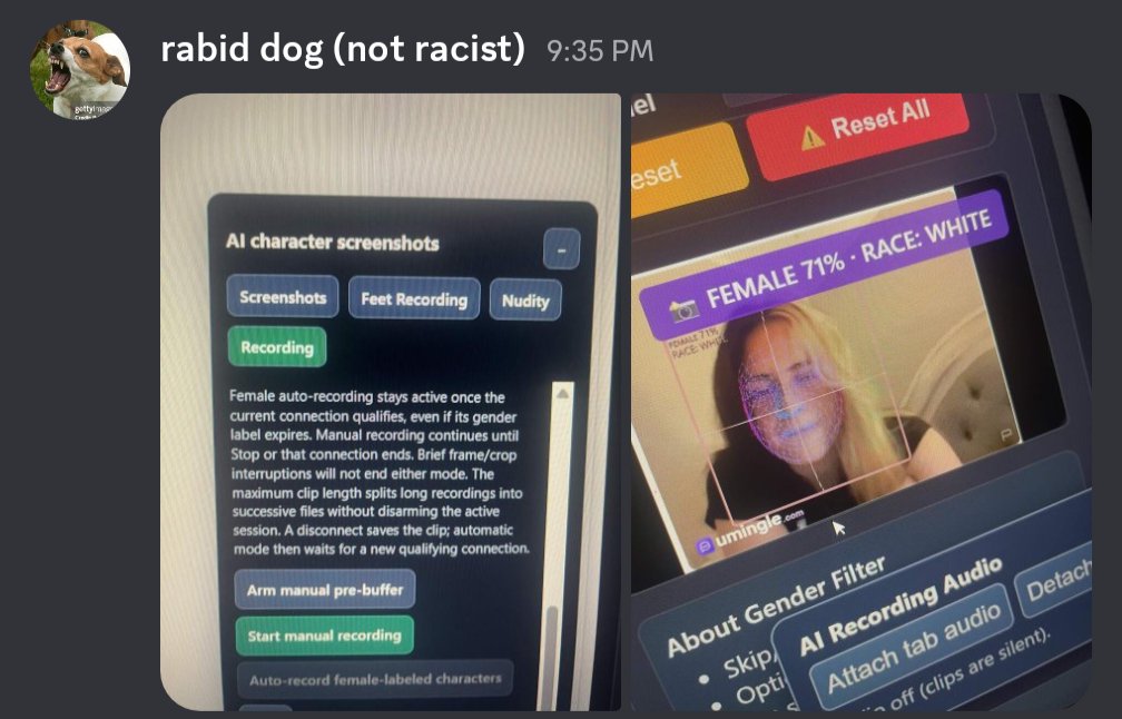 bootslaved's tweet photo. My friend used claude to make extensions for Omegle clone sites where it logs everyones ip address, autoskips anyone that isnt a white female, and autorecords their cam if feet are present https://t.co/vsiBq27NTF