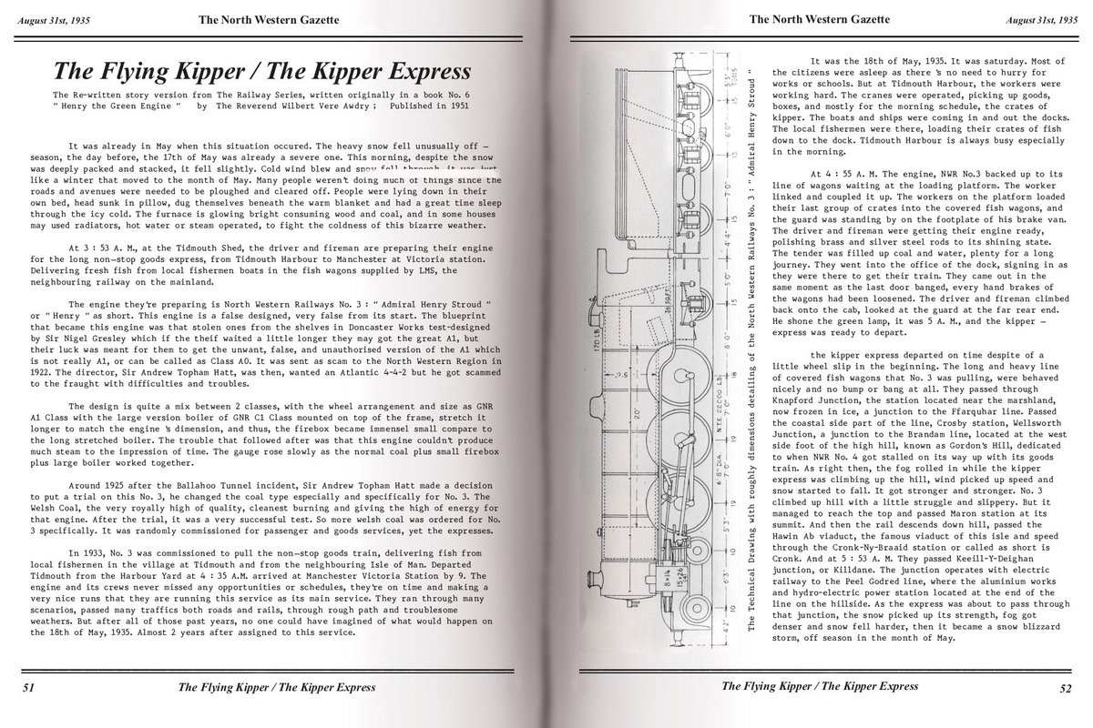 RSRofSiam's tweet photo. The North Western Gazette of the 31st August, 1935.
About The Kipper Express Tragedy on the 18th of May, 1935.

Noted : My version of lore is a faceless engine type, like a reality world railway operation with some realities of humanity. Although it is still a fictional storyline https://t.co/B2MqyHswBs