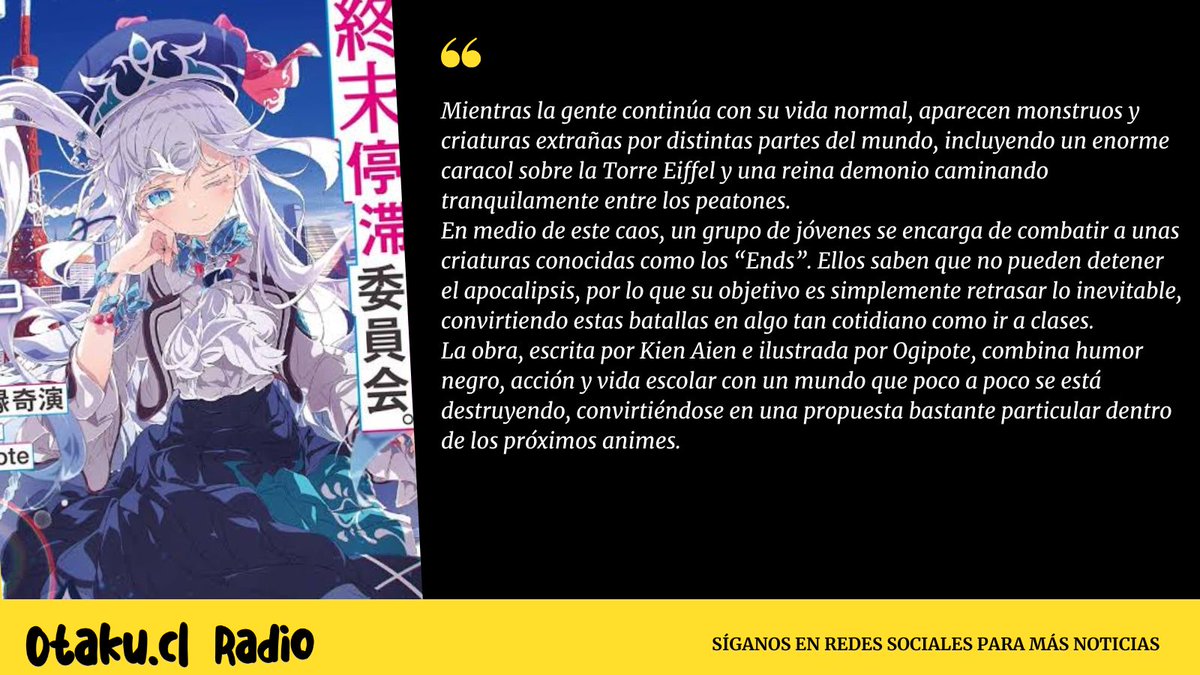 OtakuCLRADIO's tweet photo. Kochira, Shumatsu Teitai Iinkai confirmó su adaptación al anime

Recuerda sintonizar nuestra radio:  https://t.co/1PpCk66OpW
#KochiraShumatsuTeitaiIinkai #TheOtomeHeroinesFightforSurvival #noticiasdeanime #anime2026 #anime #jpop #jrock #vocaloid #CulturaOtaku #otakucl #AnimeRadio https://t.co/ALKfPnmTea