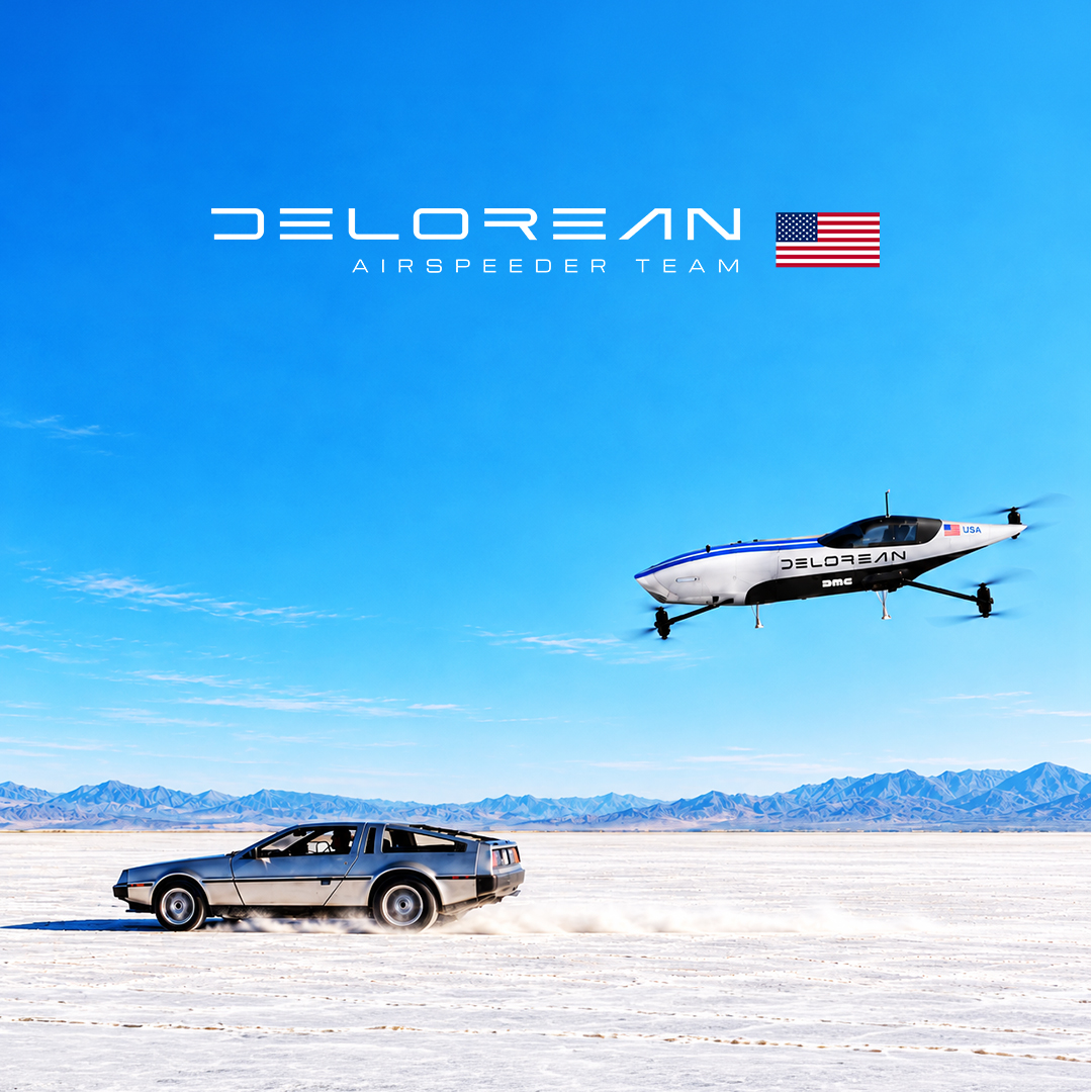AirspeederHQ's tweet photo. An American icon. A new frontier in racing. 🇺🇸

Introducing the DeLorean Airspeeder Team.

40 years of imagination. A whole new dimension of motorsport.

The road was only ever the beginning.
November 2026. ⚡

@AirspeederHQ  @deloreanmotorco  @DeLoreanlabs https://t.co/TlxgqMb3Cm
