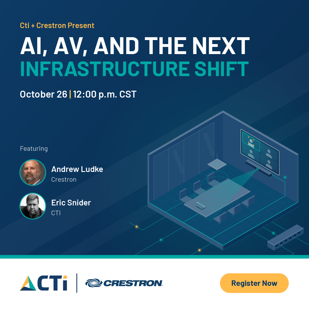 CTIAV's tweet photo. AI is changing meeting spaces. What does that mean for AV infrastructure?

Join CTI’s Eric Snider and Crestron’s Andrew Ludke on October 26 at 12 p.m. CST to explore AI’s impact on AV and connected spaces.

🔗 Register: https://t.co/bC3acOaQ6X https://t.co/GOukKXOjBU