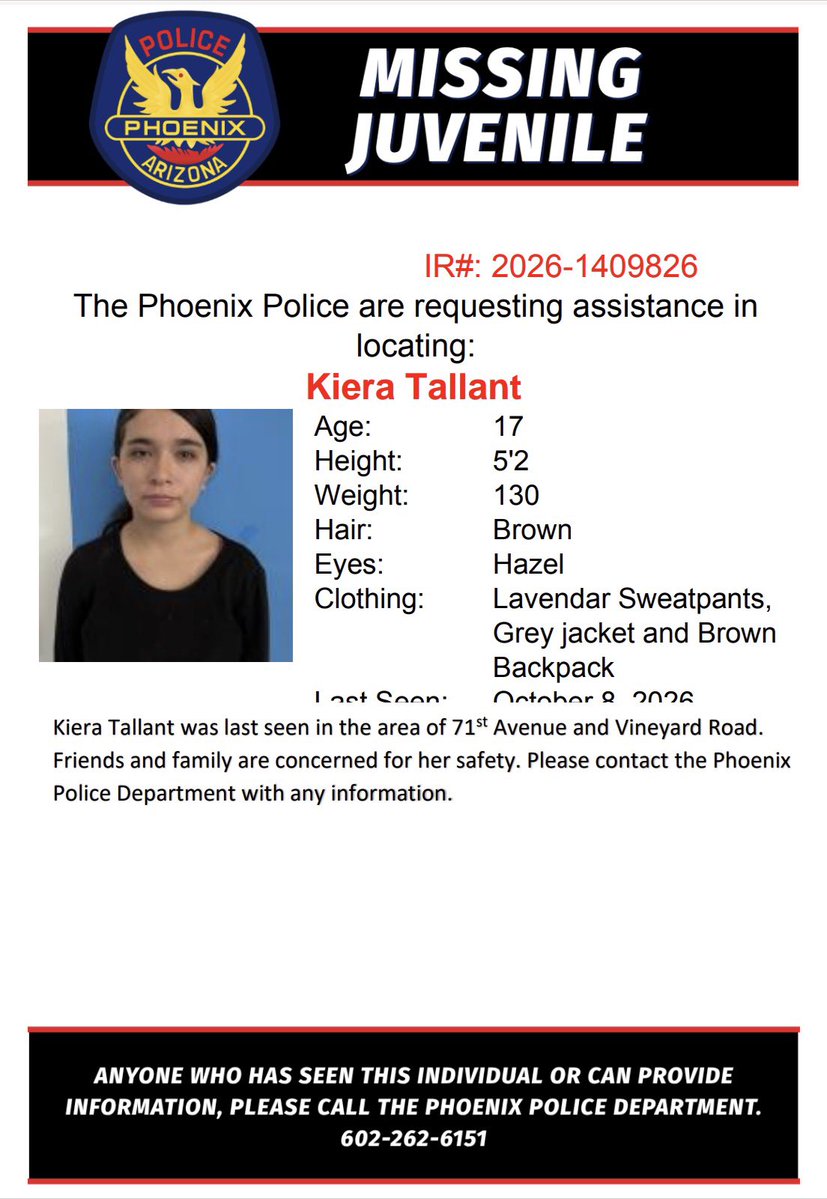 PhoenixPolice's tweet photo. PHXPD is requesting help to locate a missing juvenile. Anyone who has seen this individual or has information, please contact police at 602-262-6151.

Social media comments and direct messages are not a valid way to report information to police. Please call with any information. https://t.co/1KmlNwV9h6