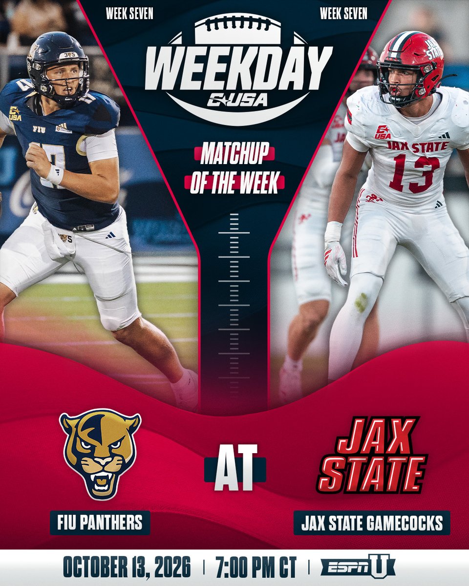 ConferenceUSA's tweet photo. 🏈 MATCHUP OF THE WEEK 🏈

Both undefeated in conference play, FIU and Jax State are set to square off tonight on @ESPNU!

#WeekdayCUSA | #MakeWeekdaysFunAgain