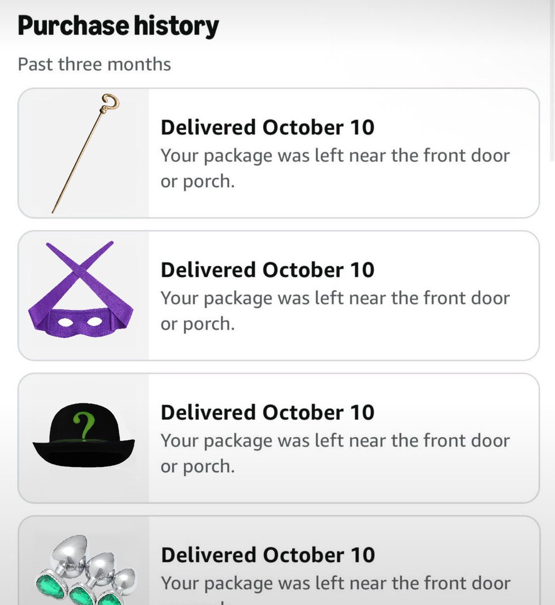 AnthonyIDK15's tweet photo. hope whoever stole my amazon package was also planning to be edward nygma riddler for halloween /: https://t.co/ActHEwBWlX