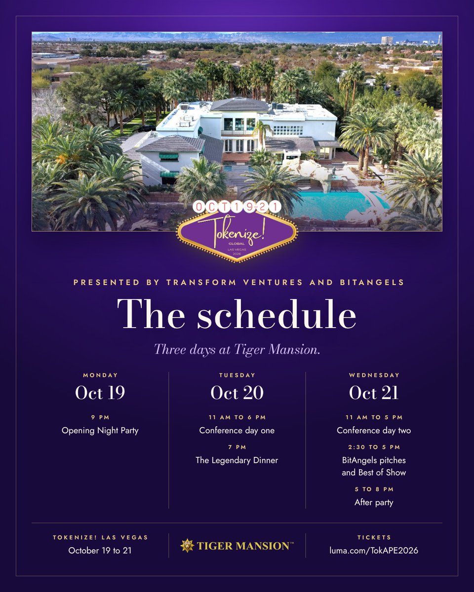 TokenizeCon's tweet photo. The week at Tiger Mansion with @michaelterpin 📌
Mon 9 pm: Opening Night Party with @iamscottpage of Pink Floyd and THINK:X
Tue: the program, then the Legendary Dinner
Wed: @BitAngels pitches, Best of Show, after party
Who's in?

https://t.co/Ng8ye8Okyn 

#TokenizeLV #Money2020