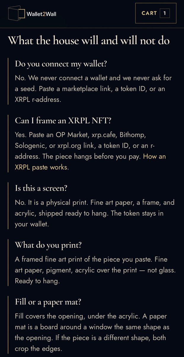 Wallet2Wall_'s tweet photo. Wallet2Wall is built around trust. 🔒

No wallet connections. No seed phrases. Just paste your XRPL NFT, preview your piece, and turn it into framed art.

Physical prints. Secure checkout. Shipped ready to hang.

From the wallet → onto the wall. 🖼️

https://t.co/VvzvjLQ0AE https://t.co/j8wqyrdndK