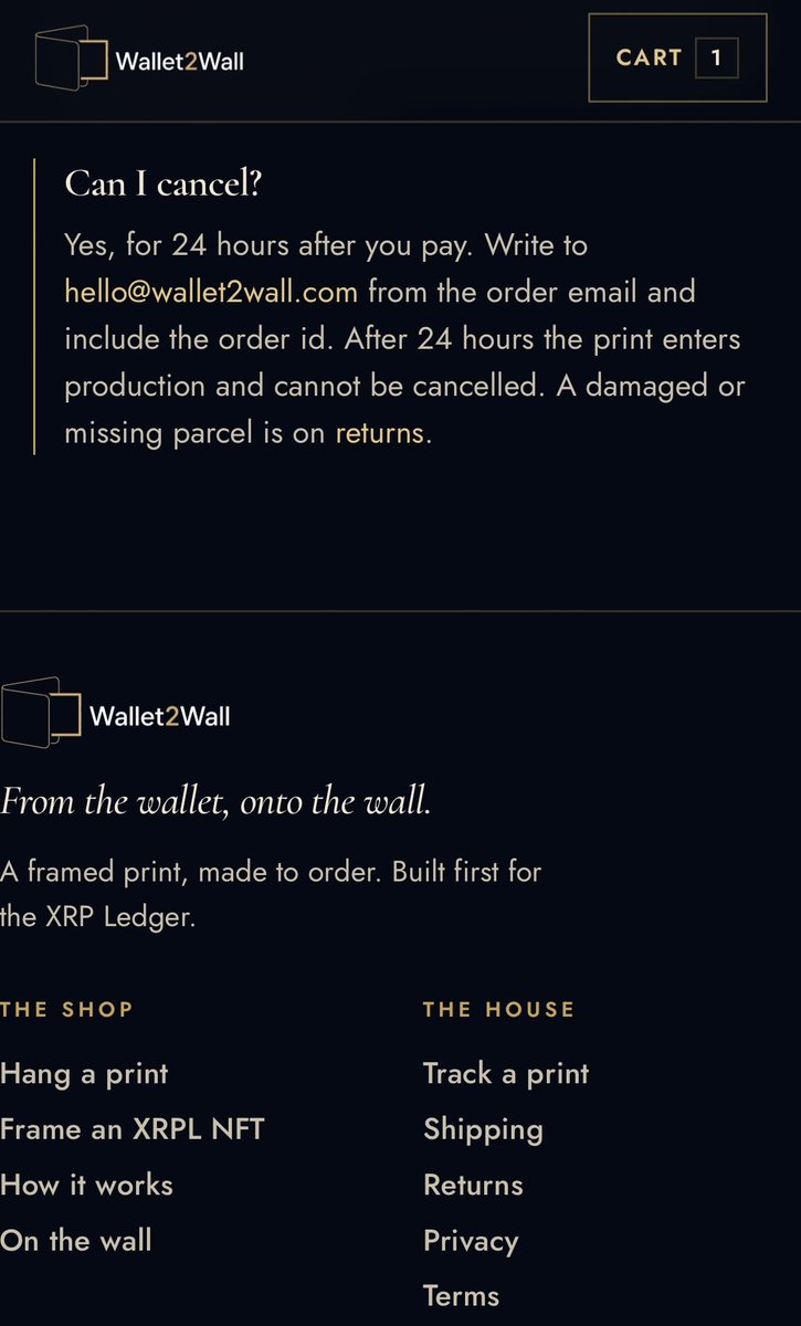 Wallet2Wall_'s tweet photo. Wallet2Wall is built around trust. 🔒

No wallet connections. No seed phrases. Just paste your XRPL NFT, preview your piece, and turn it into framed art.

Physical prints. Secure checkout. Shipped ready to hang.

From the wallet → onto the wall. 🖼️

https://t.co/VvzvjLQ0AE https://t.co/j8wqyrdndK