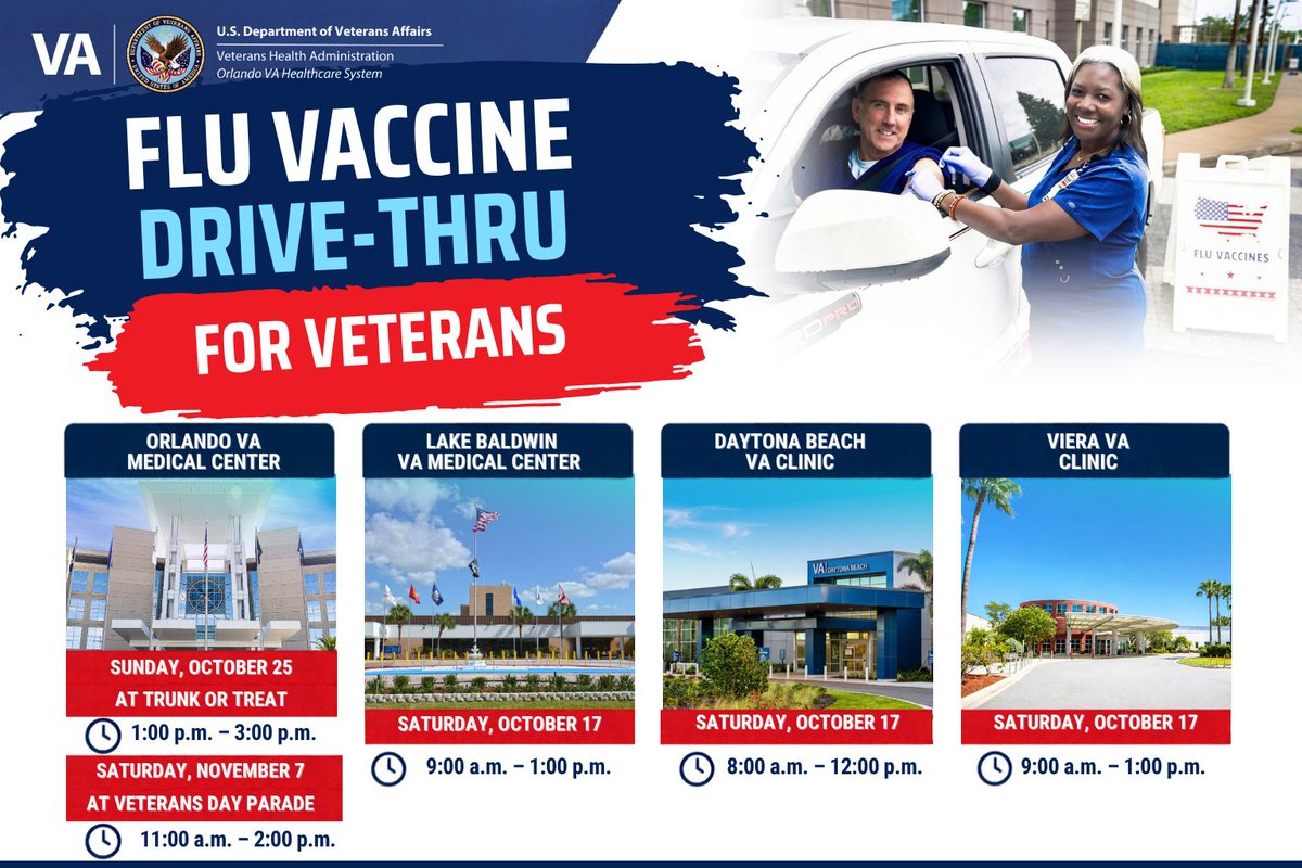 OVAHCS's tweet photo. Flu Season Is Here, Protect Yourself Without Leaving Your Vehicle! 

The Orlando VA Healthcare System is making it easier for Veterans across Central Florida to stay healthy with convenient drive-thru flu vaccination clinics!

Our Mobile Medical Unit will also offer flu vaccinations at two Lake Nona events:

October 25: Trunk or Treat | 1–3 p.m.

November 7: Veterans Day Parade | 11 a.m.–2 p.m.

Your health matters! Take advantage of these convenient opportunities to protect yourself, your loved ones and your fellow Veterans this flu season.

Read the full press release for more information: https://t.co/zZuzEn2XPa

#OrlandoVA #FluSeason #VeteransHealth #FluVaccination #PreventiveCare