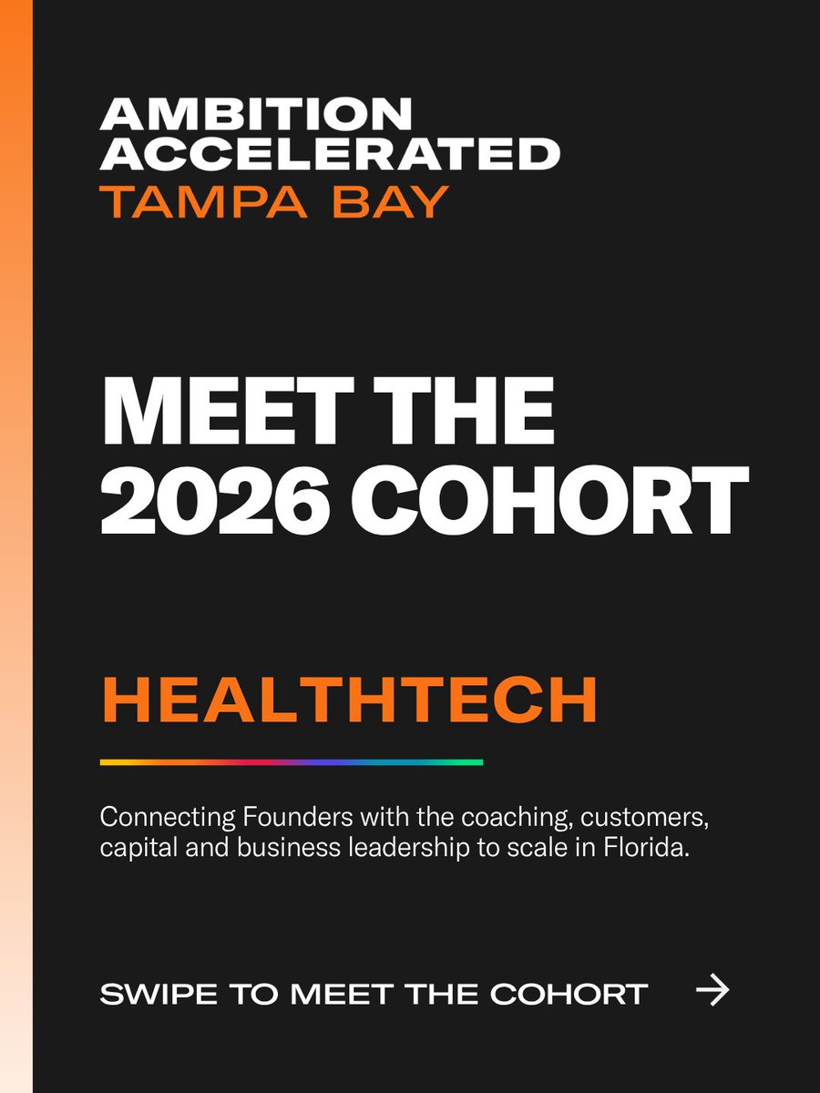 AmbitionAccel's tweet photo. Introducing the 2026 HealthTech cohort!

Anchored at Embarc Collective within the Tampa Medical & Research District, this track brings together founders developing solutions across healthcare delivery, medical devices, diagnostics and digital health.

Through Ambition Accelerated, these companies will connect with leading medical institutions, corporate partners, coaches and investors to help bring innovations to market and scale in Florida.

Thank you to our founding partners @FloridaC100, @EmbarcCollectiv and @eMergeAmericas. Thank you to our presenting partners, @_GuideWell and @tghcares.

Welcome to the cohort!

Learn more: https://t.co/hTrViVLnGV