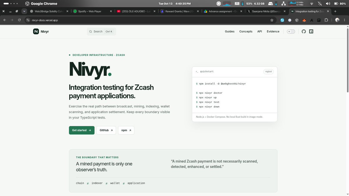 Web_ghost01's tweet photo. How the heck did i forgot to post this yesterday? 
Built and submitted NIVYR for the @colosseum  Hackathon for @Zcash 
An open-source toolkit helping Zcash developers test real payment flows and catch verification failures before they hit production.
https://t.co/ABEmQh9SAO https://t.co/WyroedeDOu