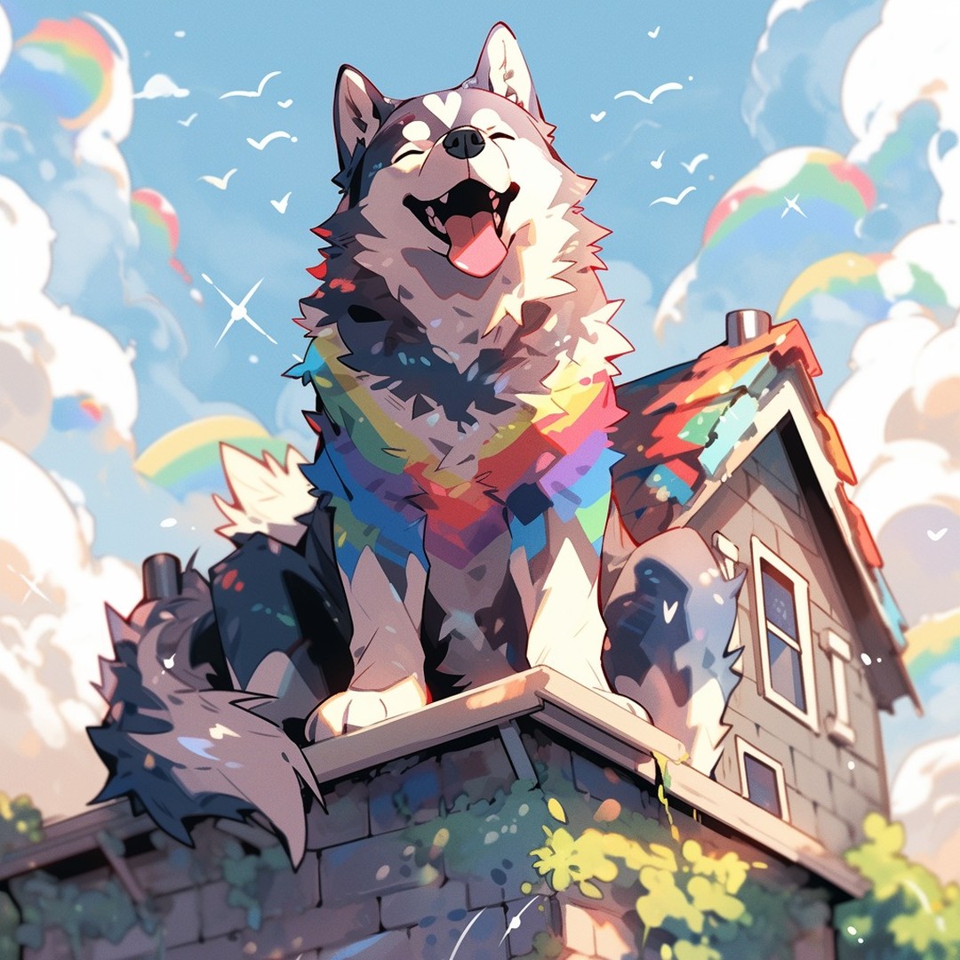 RaufaSmith's tweet photo. A rainbow-colored husky sitting proudly atop a house, surreal and vibrant. --niji 5 https://t.co/vaRhrfb8aq