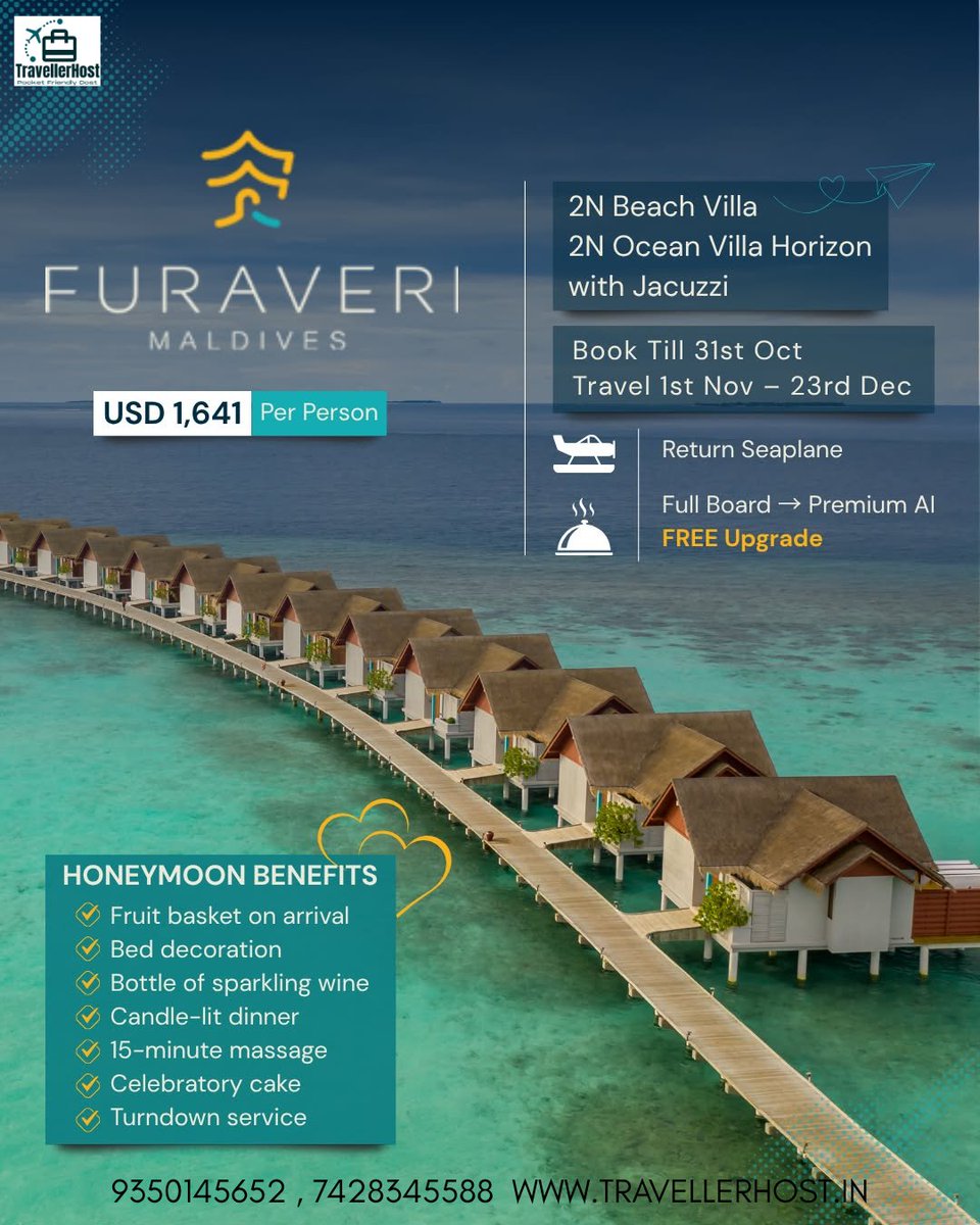 15_maza's tweet photo. Your Maldives dream escape awaits: 2 nights in a Beach Villa, 2 nights in an Ocean Villa with Jacuzzi, seaplane transfers, Premium AI upgrade, and honeymoon benefits. From USD 1, 641 per person. Book by 31 October. https://t.co/VY9PUmELK6
