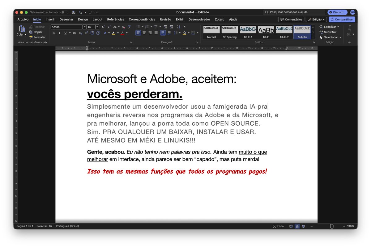 malditaserpente's tweet photo. testei o tal do "premiere open source", e o "word open source" também.
só faltou alguns ajustes mais específicos nos dois, mas posso dizer que 75% das funções mais importantes dá pra fazer.

e melhor: roda em windows, mac, linux e NAVEGADOR.
tu nem precisa instalar pra usar! https://t.co/C3gsISmnv0