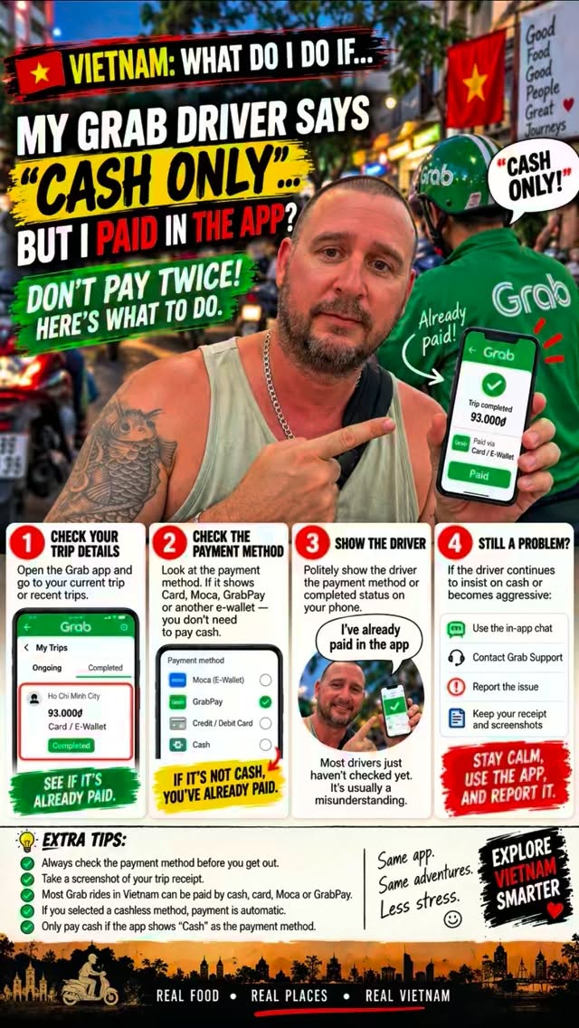 silbogado's tweet photo. Your Grab driver asks for cash, but the app says you’ve paid? Check your trip payment method first. If it was charged to card or GrabPay, don’t pay twice. Confirm any toll or parking fees separately, then contact Grab Support if needed. https://t.co/u0ikvQDwAS