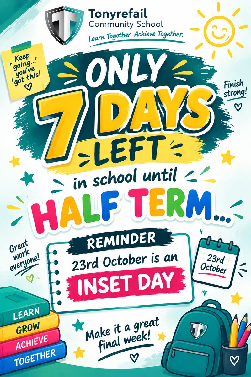 TonyrefailCS's tweet photo. 🚨 ONLY 7 DAYS LEFT UNTIL HALF TERM! 💚

💯 Have you got 100% attendance? You could win a £100, £75 or £50 Amazon voucher! 🎁🏆

Keep going, finish strong and make every day count! ⭐

(Illnesses and special circumstances will be taken into consideration) 
(Years 7-11) https://t.co/W7bECrFKEf