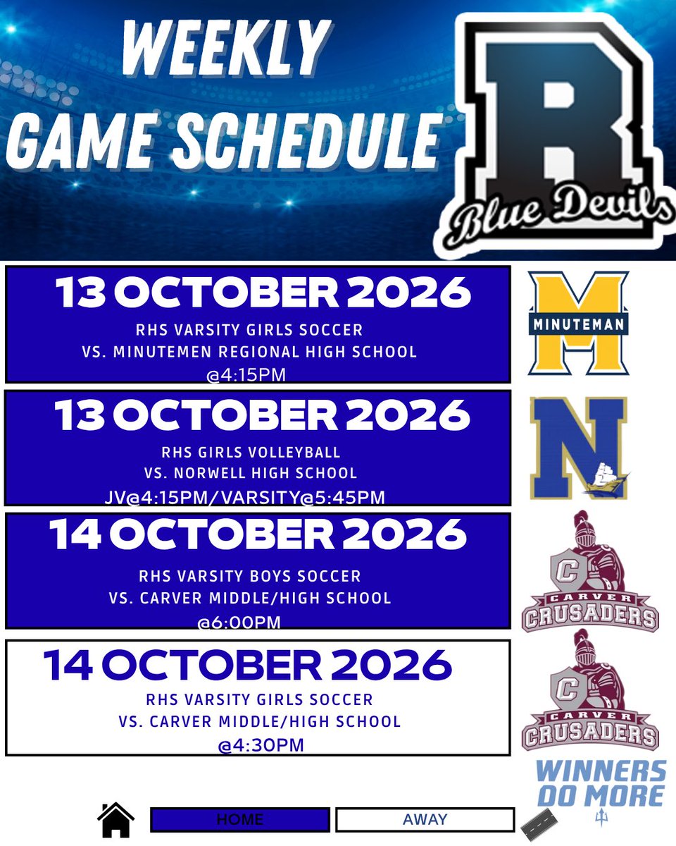 BlueDevilsRHS's tweet photo. 🚨RHS Fall Athletics Weekly Game Schedule. Come out and support your Blue Devils‼️ #WinnersDoMore https://t.co/Cg3c0zABnF