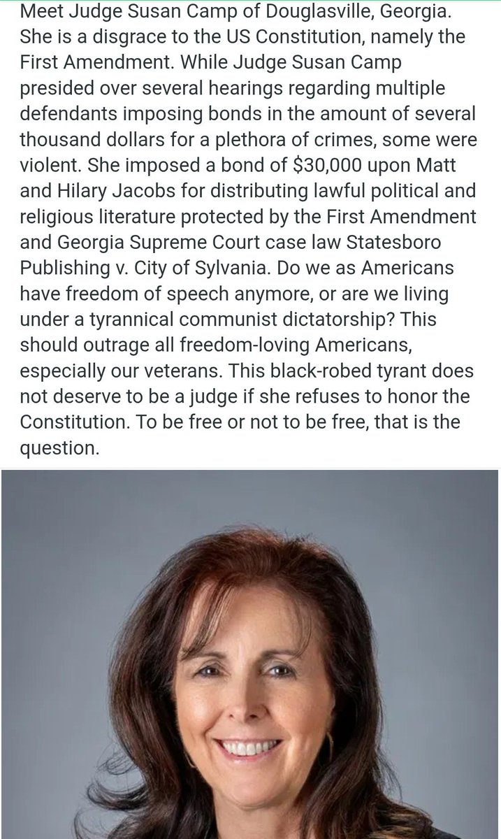 Warmachine1521's tweet photo. Meet Judge Susan Camp of Douglas County, Georgia. Judge Camp will impose a total bond of $60,000 upon you and your partner if you distribute flyers criticizing Israel and the Jewish power structure in Douglas County, Georgia. https://t.co/mxhWLtjOSj