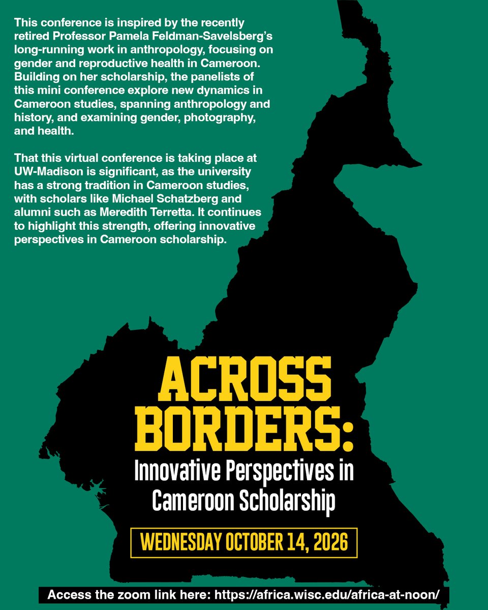 ASANewsOnline's tweet photo. Join Oct. 14 via Zoom for a conference on Cameroon studies! Hosted by UW-Madison and co-sponsored by ASA. Learn more here: https://t.co/jC5USKn4Zs https://t.co/CShFUYMnYj