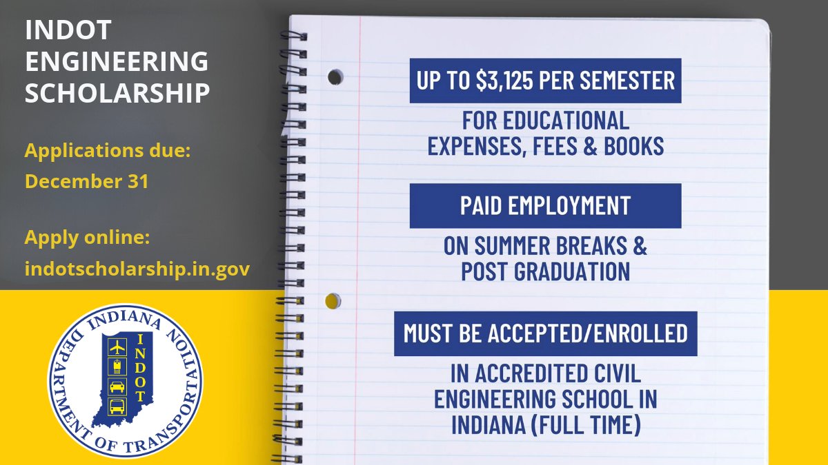 INDOT's tweet photo. INDOT is seeking applicants for its Engineering Scholarship Program, available for eligible undergraduate and graduate students in Indiana.

Find out more at https://t.co/JAxdw7J51A https://t.co/Cc8Kf3jiHJ