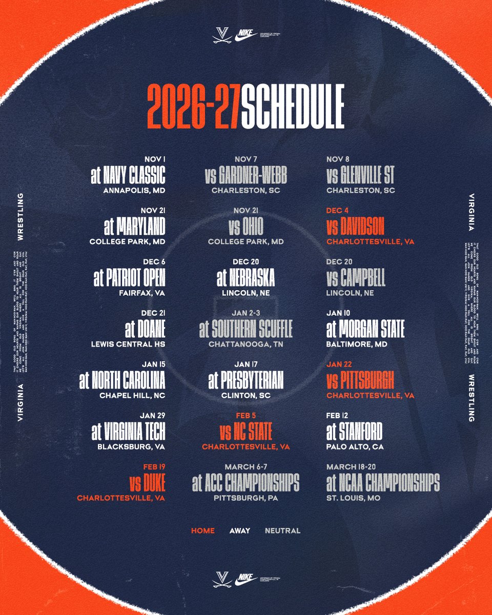 UVAWrestling's tweet photo. Our 2026-27 schedule is out!

Find out when and where you can be to see the Hoos in action!

📰: https://t.co/UFkvWMxE11

#GoHoos | #TheVirginiaWay https://t.co/x6KmVQQpEb