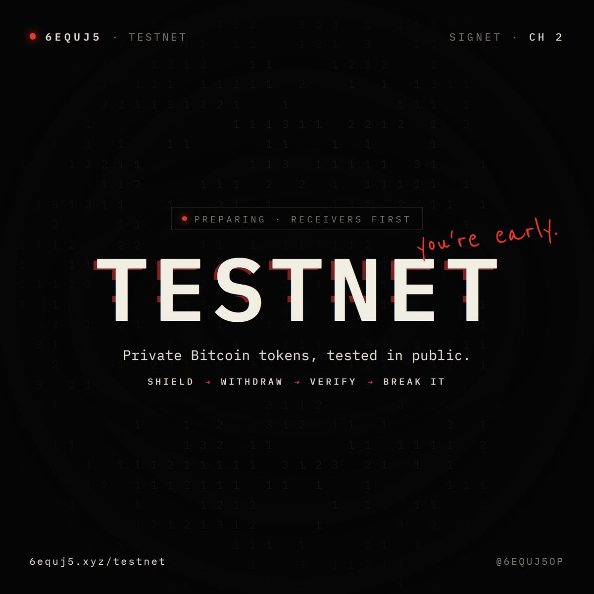6EQUJ5OP's tweet photo. Testnet is coming.

Private Bitcoin tokens, tested in public on Signet.

Shield test tokens. Withdraw to a fresh address with a zero-knowledge proof. Watch the proof get checked inside brc2.0.

Receivers first, picked by hand.

https://t.co/j551kWOTfj https://t.co/wqVPLiIpcn