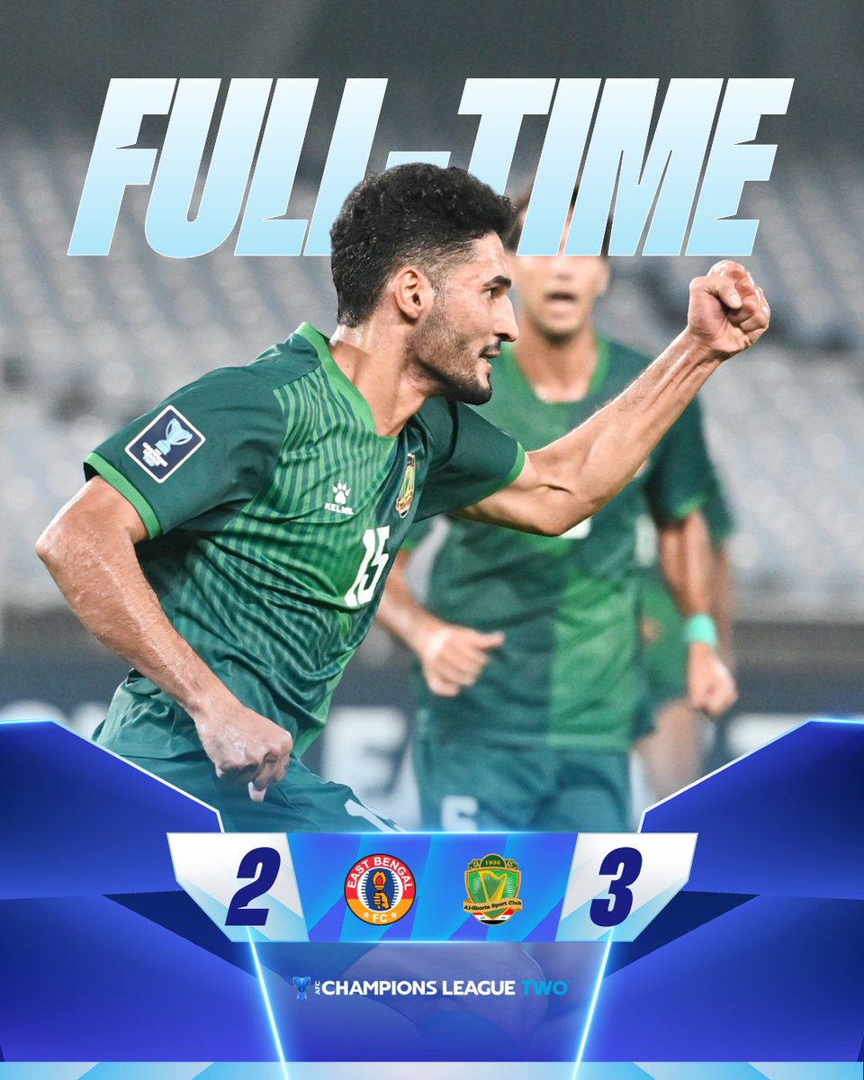 TheAFCCL's tweet photo. FT | 🇮🇳 East Bengal FC 2️⃣-3️⃣ Al Shorta 🇮🇶

Kingsley Kuku’s decisive header seals a spirited comeback as the visitors secure a hard-earned victory in Group D!

#ACLTwo | #EBvSHO https://t.co/p3LGrIwE3w