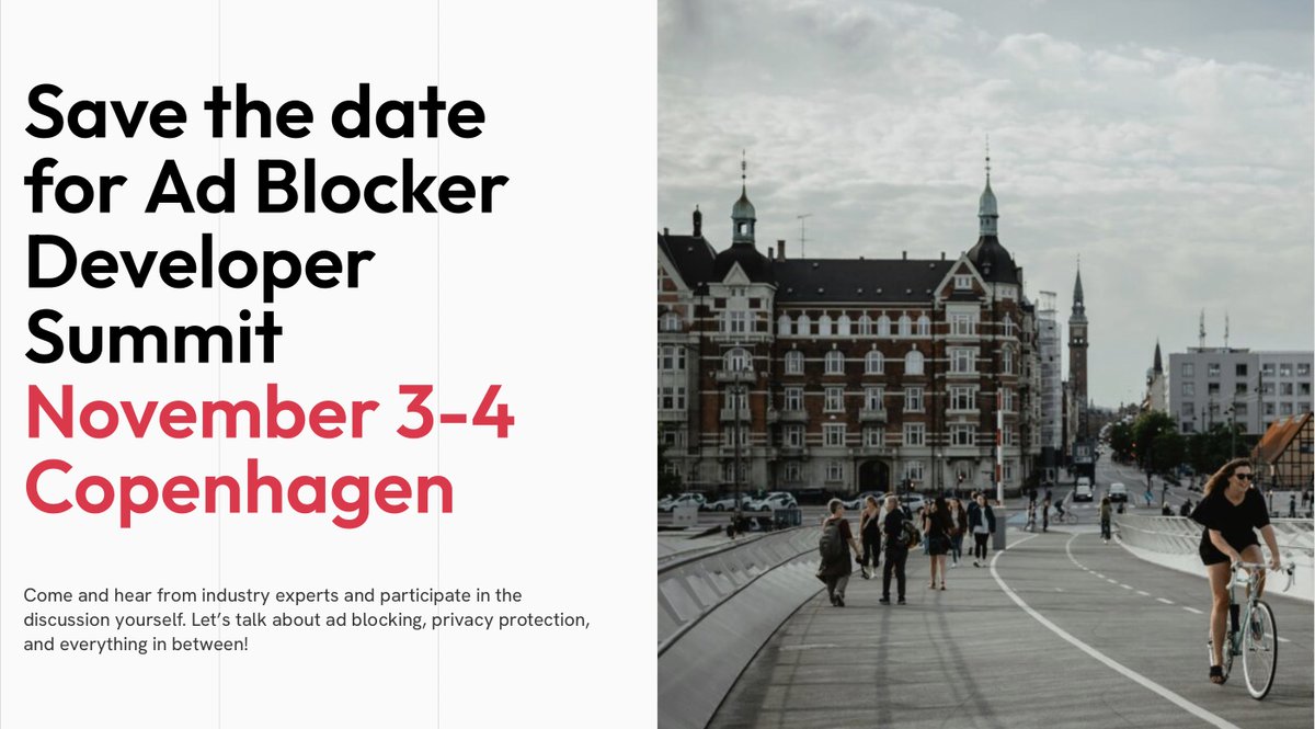 AdGuard's tweet photo. 📢 The ABDS 2026 agenda is live

The full schedule for Ad Blocker Developer Summit is up at https://t.co/2dQ647uqSL

This year we've got a brand-new privacy track running parallel to the main track on Day 1.

Go check out the schedule and tell us: what are you most excited about?

Attendance is free, just register in advance: https://t.co/OQW8WB13gA
 
See you in Copenhagen 👋