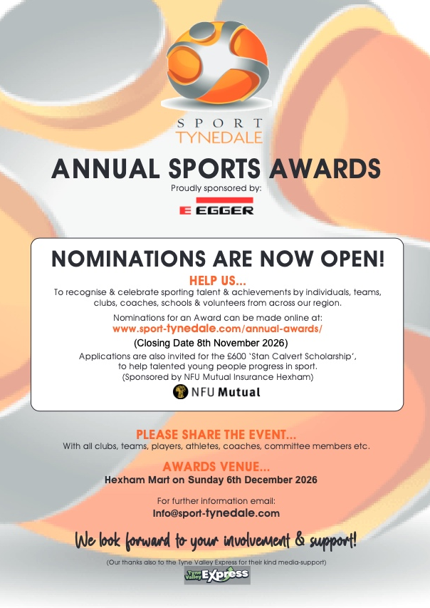 NorthumFA's tweet photo. 🏆 Nominations are open for the Sport Tynedale Annual Sports Awards 2026!

Recognise local sporting achievements, with a £600 Stan Calvert Scholarship also available for young athletes.

📅 Deadline: 8 November

Nominate here: https://t.co/5a3mKPRTcE

@TynedaleSport https://t.co/5NrQNcB9AB