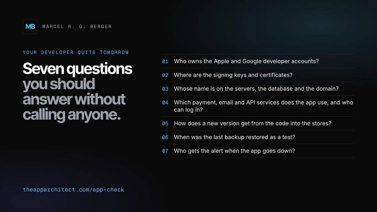 marcelrgberger's tweet photo. Say your app developer quits tomorrow. Could you still get an update into the App Store next week?

Seven questions you should be able to answer without calling anyone. A ZIP of the source code is not a handover.

https://t.co/PiokVfrzSm https://t.co/wzWJ316VsZ