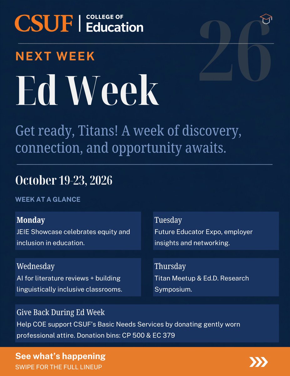 csufcoe's tweet photo. 🎓 Ed Week 2026 is NEXT WEEK! Join the CSUF College of Education Oct. 19–23 for a week of learning, connection, innovation and community. 📷#CSUF #CSUFCOE #EdWeek2026 https://t.co/dn6gc6DmU8
