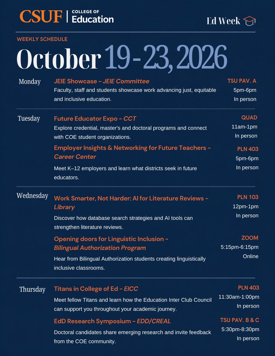 csufcoe's tweet photo. 🎓 Ed Week 2026 is NEXT WEEK! Join the CSUF College of Education Oct. 19–23 for a week of learning, connection, innovation and community. 📷#CSUF #CSUFCOE #EdWeek2026 https://t.co/dn6gc6DmU8