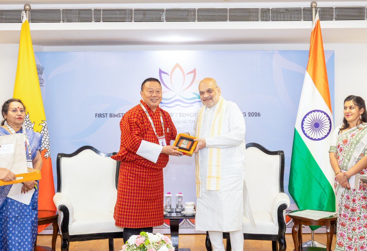 AmitShah's tweet photo. Great pleasure meeting Bhutan’s Home Minister, H. E. Lungten Dorji, on the sidelines of the First BIMSTEC Home Ministers’ Meeting in New Delhi. We reaffirmed our shared commitment to further strengthen the close bonds of friendship and cooperation between India and Bhutan, advancing our common aspirations for peace, progress and prosperity.