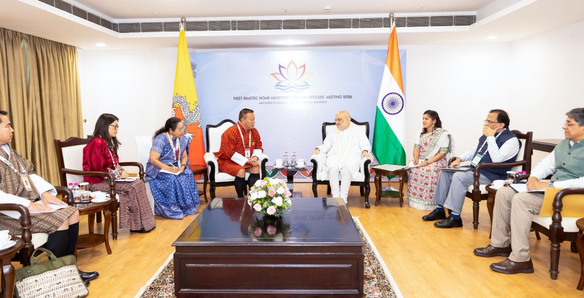 AmitShah's tweet photo. Great pleasure meeting Bhutan’s Home Minister, H. E. Lungten Dorji, on the sidelines of the First BIMSTEC Home Ministers’ Meeting in New Delhi. We reaffirmed our shared commitment to further strengthen the close bonds of friendship and cooperation between India and Bhutan, advancing our common aspirations for peace, progress and prosperity.