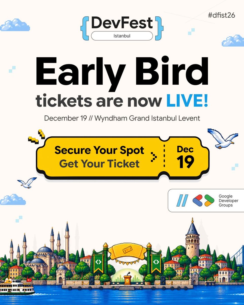 GDGIstanbul's tweet photo. 🏙️ The City of Builders is calling! Early Bird tickets are now LIVE! 🎟️

Every builder has a place in this city, and yours is waiting for you! 💚
DevFest Istanbul 2026 is bringing together the people who build, innovate, and shape the future of technology. Get ready to connect with the community, discover new ideas, and be part of something bigger.

The best time to join the city? Right now. 👀

🎟️ Grab your Early Bird ticket before they're gone!
👉https://t.co/RXYxviBatn
📅 December 19, 2026
📍 Wyndham Grand Istanbul Levent

Let's build this city together! 🏗️

-

[TR]
🏙️ The City of Builders çağırıyor! Early Bird biletleri satışta! 🎟️

Bu şehirde her üreticinin bir yeri var. Peki seninkini ayırttın mı? 💚
DevFest Istanbul 2026; teknoloji üreten, yeniliklere yön veren ve geleceği şekillendiren insanları bir araya getiriyor. Toplulukla buluşmaya, yeni fikirler keşfetmeye ve hep birlikte daha büyük bir şeyin parçası olmaya hazır ol!

Bu şehrin bir parçası olmak için en doğru zaman: şimdi! 👀

🎟️ Early Bird biletini tükenmeden al!
👉https://t.co/RXYxviBatn
📅 19 Aralık 2026
📍 Wyndham Grand Istanbul Levent

Bu şehri birlikte inşa edelim! 🏗️

#dfist26 #DevFestIstanbul #EarlyBird #GDGIstanbul