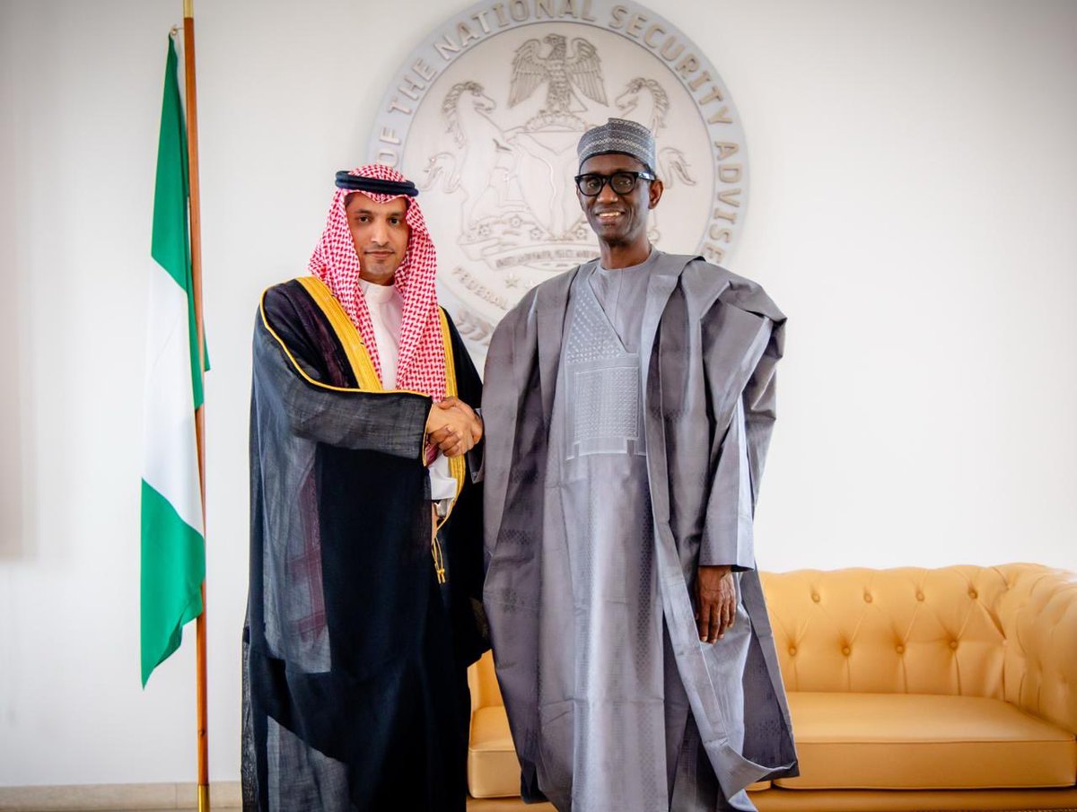 KSAembassyNG's tweet photo. Ambassador Yousef bin Mohammed Al-Balawi met today, Tuesday, 13 October 2026, with His Excellency Mallam Nuhu Ribadu, National Security Adviser of the Federal Republic of Nigeria, at His Excellency's office. https://t.co/TqSKY342Gy