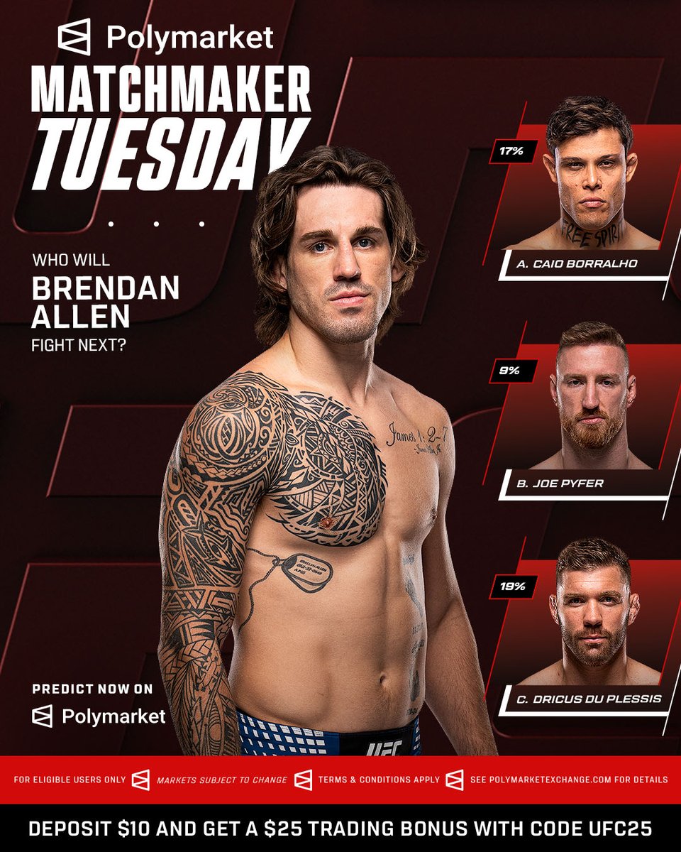 ufc's tweet photo. After his win at #UFCVegas122, who could @BrendanAllenMMA face next?

B2YB: @Polymarket 

Deposit $10 in the Polymarket app and get a $25 trading bonus with the code: UFC25 at https://t.co/5hC3Nr0N2J https://t.co/eihCWNOAdN