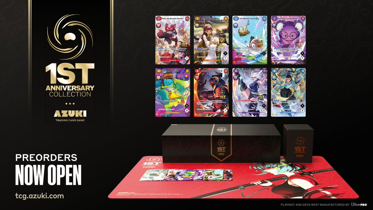 AzukiTCG's tweet photo. Preorders are now open for the Azuki TCG 1st Anniversary Collection.

8 exclusive alternate-art cards, plus a premium playmat and DECK BOX® manufactured by @UltraProIntl.  

Available while supplies last.

https://t.co/Mkc6a4nbIr https://t.co/rd0drkt6uu
