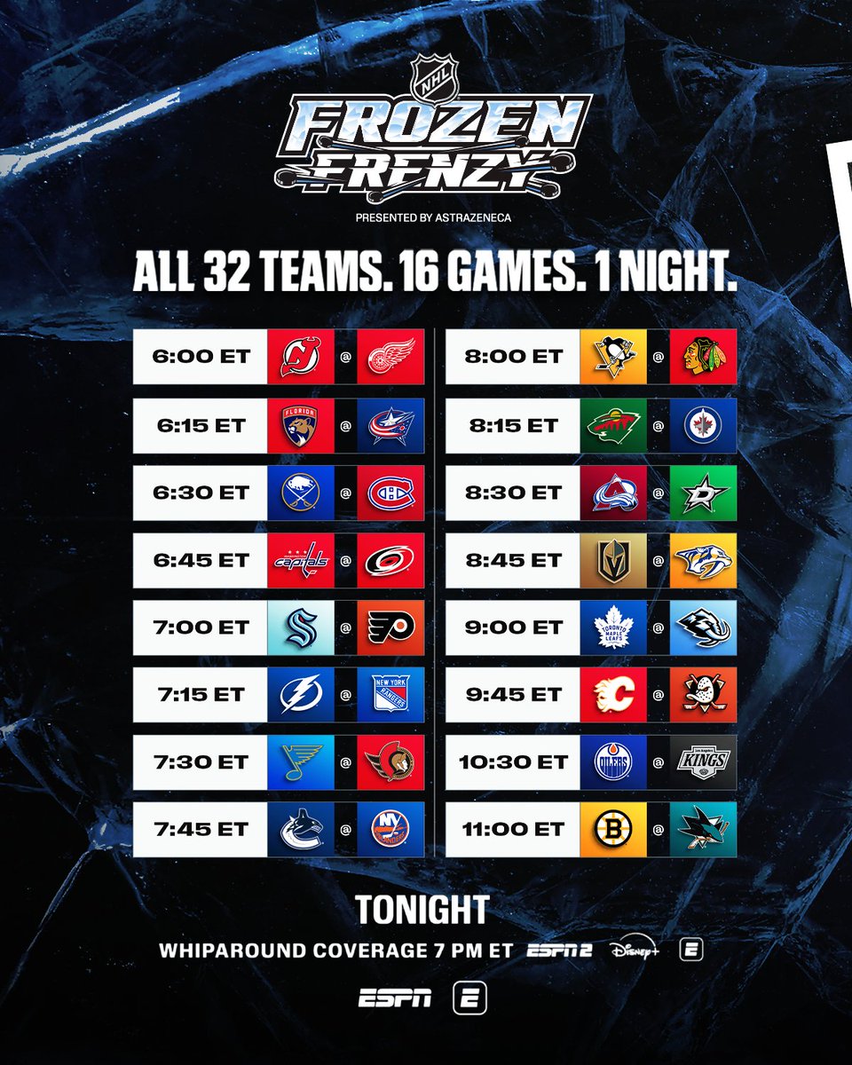 NHLPR's tweet photo. Frozen Frenzy is back tonight.

🏒 Tripleheader on @ESPN

📺 Whip-around show on ESPN2, Disney+, ESPN App https://t.co/chrros7LM3