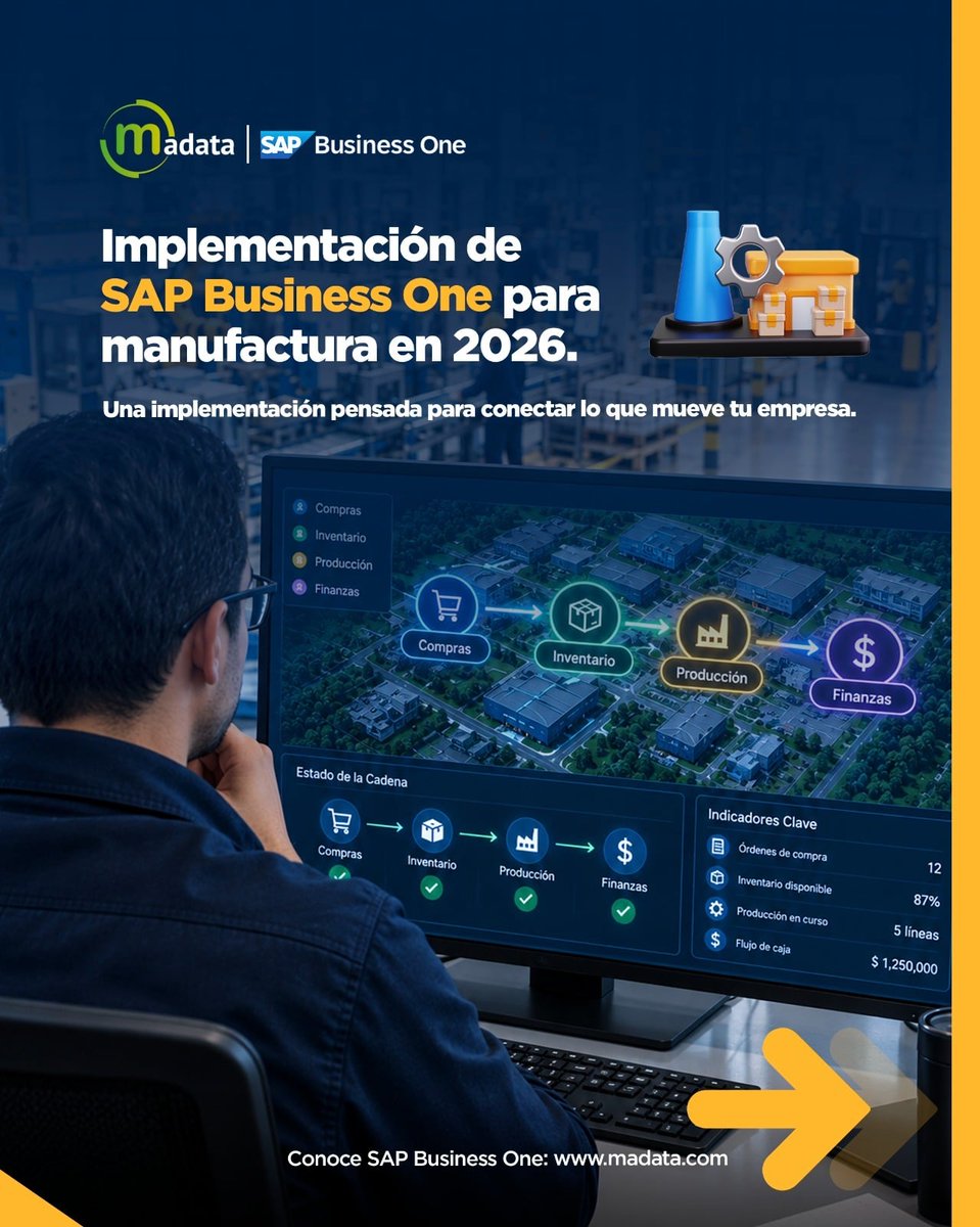 madata_IT's tweet photo. 🏭 En manufactura, implementar un ERP no se trata solamente de poner un sistema en marcha.

En Madata acompañamos la implementación de SAP Business One y su evolución posterior, buscando que el ERP siga generando valor conforme el negocio crece.

🔗https://t.co/o62crDMUeK https://t.co/fRXDF7AEpM