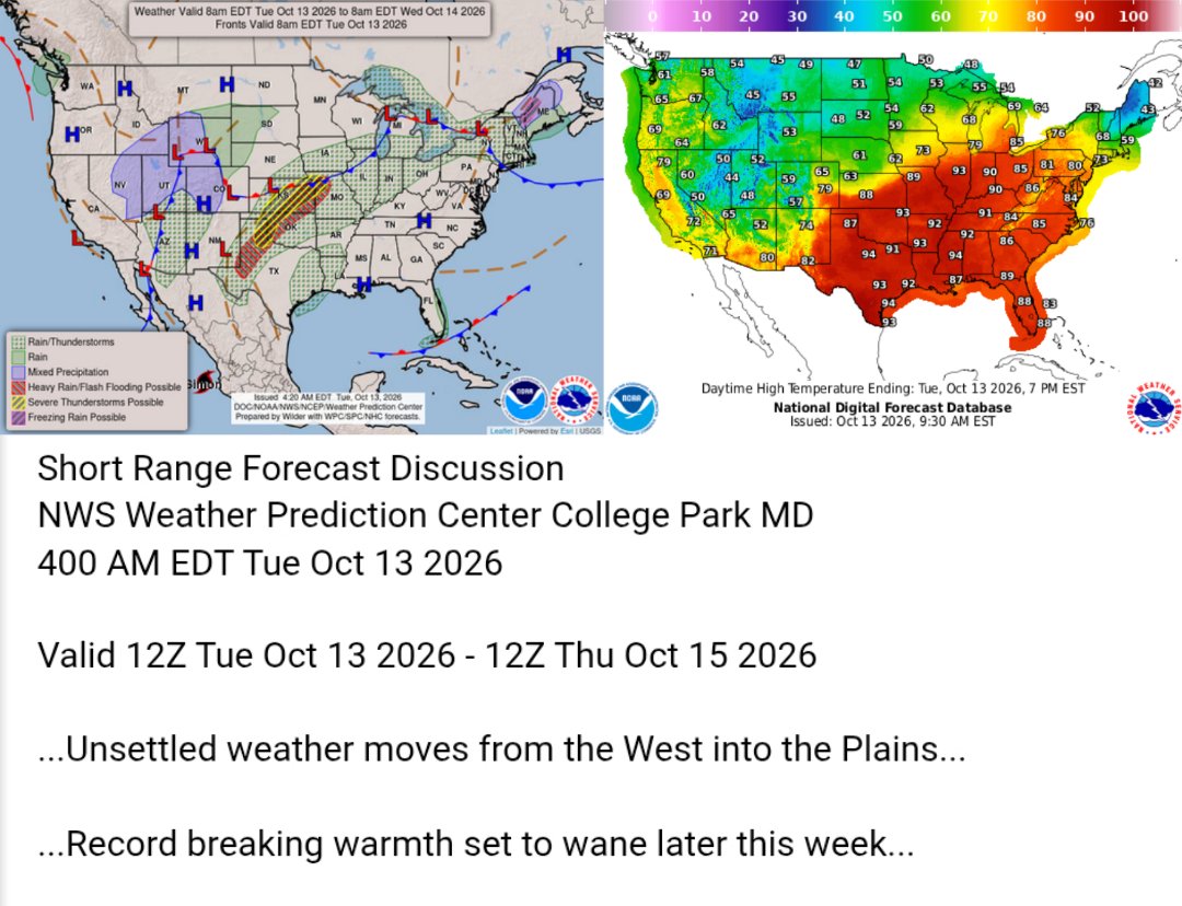 Copacetic_vibe's tweet photo. Here's today's forecast map and today's high temperature map. Check out the NWS site for more National Forecast Maps https://t.co/KwYZiRLnXN
#weather #wx #Forecast #precipitation #Temperature https://t.co/bjW1Zt2ScA