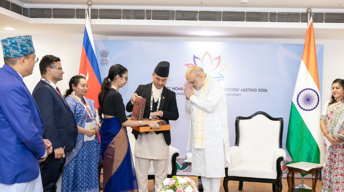 AmitShah's tweet photo. Delighted to meet Nepal’s Home Minister, H.E. Sudhan Gurung, on the sidelines of the First BIMSTEC Home Ministers’ Meeting in New Delhi. We reaffirmed our commitment to deepen bilateral cooperation and further strengthen the close ties between India and Nepal for peace, progress and prosperity in our region.