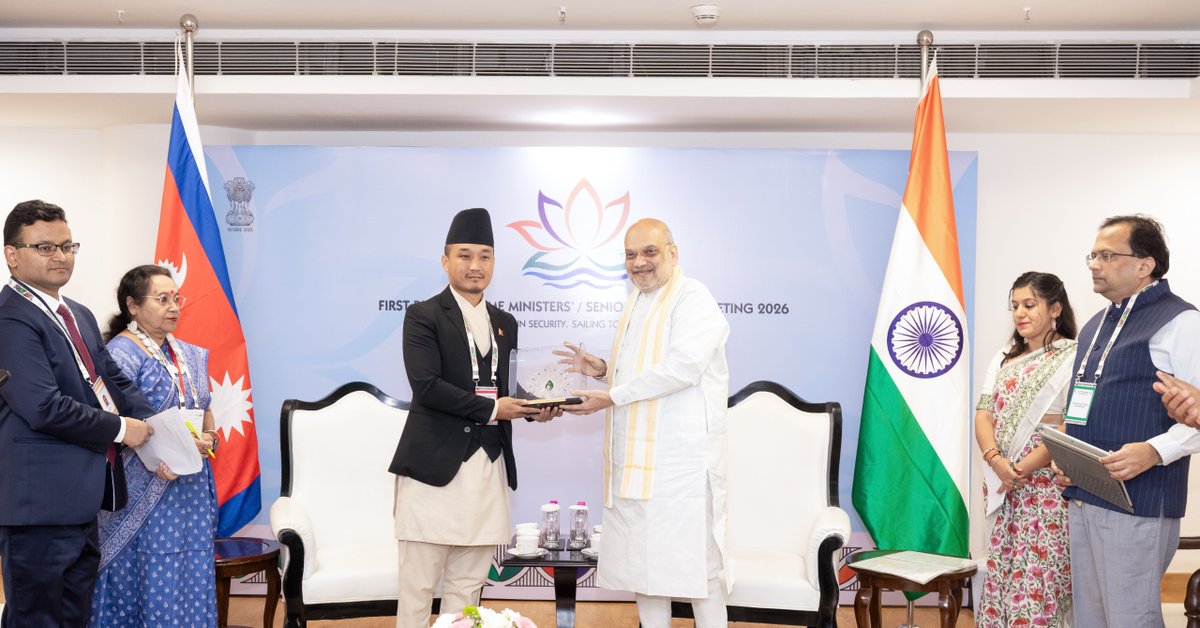 AmitShah's tweet photo. Delighted to meet Nepal’s Home Minister, H.E. Sudhan Gurung, on the sidelines of the First BIMSTEC Home Ministers’ Meeting in New Delhi. We reaffirmed our commitment to deepen bilateral cooperation and further strengthen the close ties between India and Nepal for peace, progress and prosperity in our region.