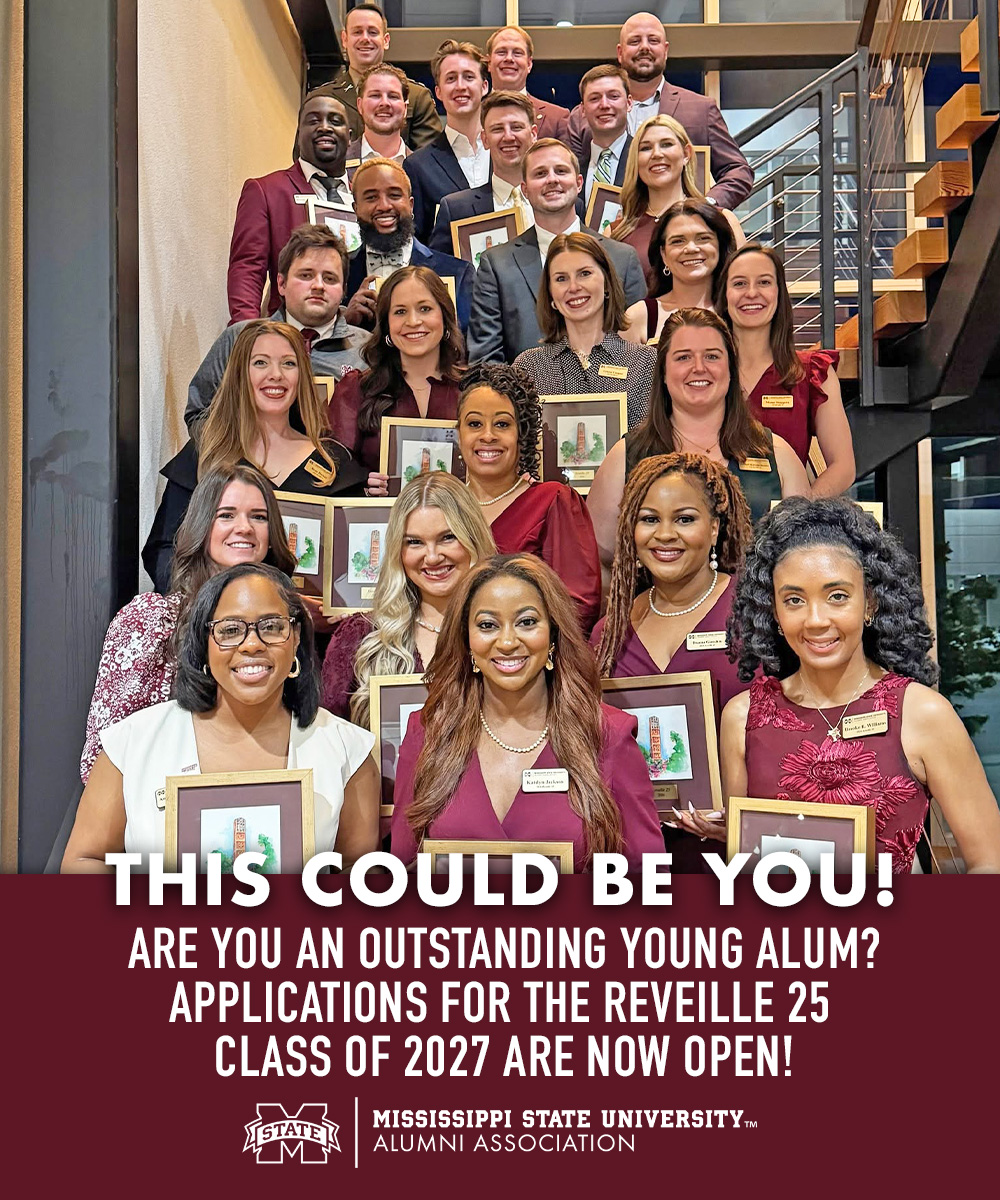 MSStateAlumni's tweet photo. The Reveille 25 program recognizes outstanding young MSU alums who are "answering the call" of the university's mission for excellence. 🌟

If you are or know of an exemplary young MSU alum, click below to apply or nominate today!

🔗 https://t.co/KeycHDnrT8 https://t.co/0mWva0tyad