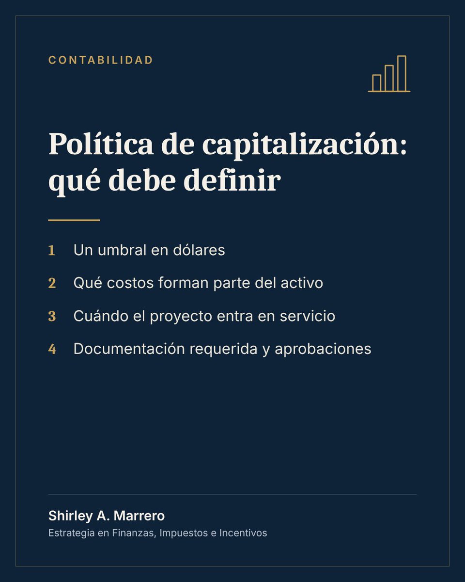 ShirleyAMarrero's tweet photo. Una política de capitalización escrita define cuatro cosas: el umbral, qué costos forman parte del activo, cuándo entra en servicio y qué evidencia se requiere.

Su valor es la consistencia de un periodo a otro. https://t.co/0UWmlBuSft