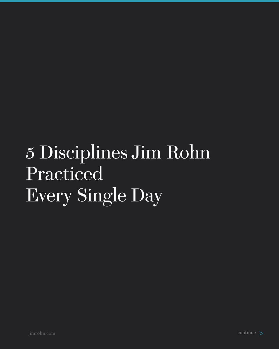 OfficialJimRohn's tweet photo. 5 disciplines Jim Rohn practiced every day:

1. Read for 30 minutes
2. Write in his journal
3. Practice his craft
4. Review his goals
5. Guard his associations

Success isn’t one big leap. It’s small things repeated.

#JimRohn https://t.co/8jsZsLh5lo