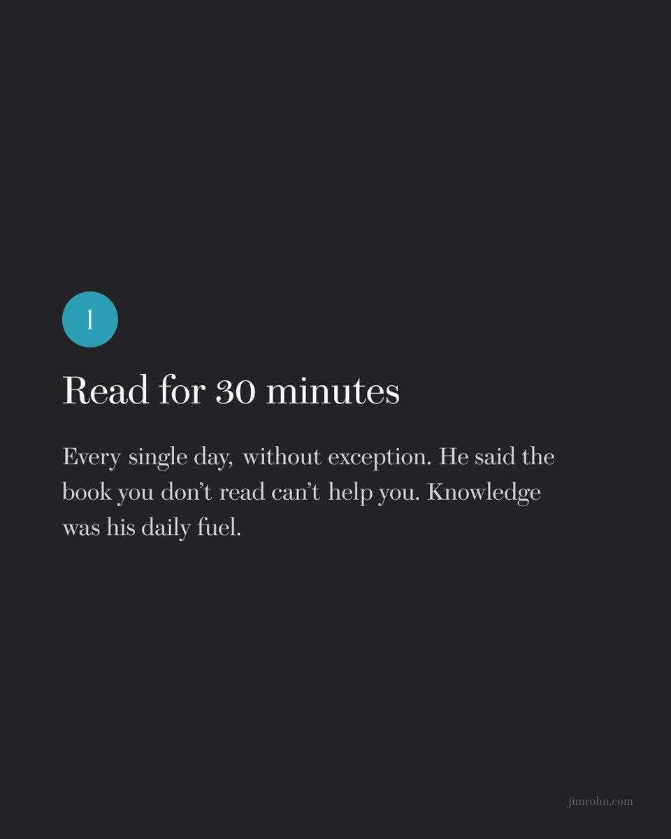 OfficialJimRohn's tweet photo. 5 disciplines Jim Rohn practiced every day:

1. Read for 30 minutes
2. Write in his journal
3. Practice his craft
4. Review his goals
5. Guard his associations

Success isn’t one big leap. It’s small things repeated.

#JimRohn https://t.co/8jsZsLh5lo