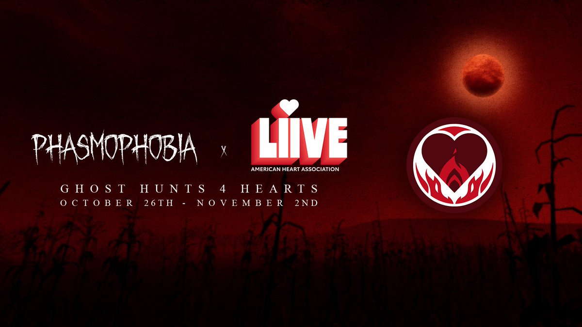 PlayPhasmo's tweet photo. Ghost Hunters, today we’re excited to announce the return of #Phasmophobia's Ghost Hunts for Hearts in collaboration with our good friends at @heart_liive! 

For full details on how to get involved, read our blogpost: https://t.co/UrIS1Wwwf7 https://t.co/V7oR8qzz93